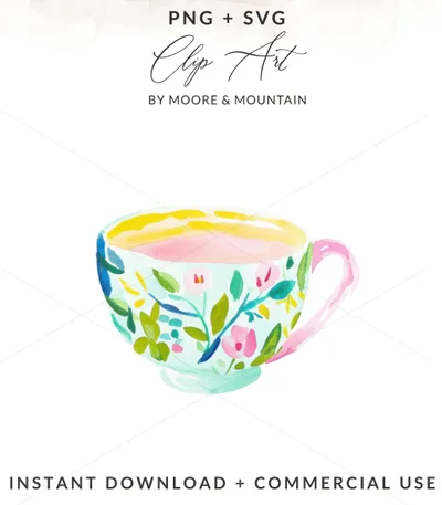 SVG Preppy Watercolor Tea Cup Digital Art, Floral Cup Clipart, Trendy Girly Graphic, Vibrant PNG Download, Printable Sticker PNG, Cricut SVG
