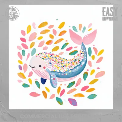 Whimsical watercolor whale with confetti-like spots surrounded by colorful leaves.