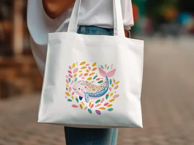 White tote bag with a watercolor illustration of a smiling whale surrounded by colorful leaves.