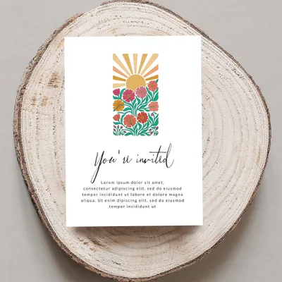 Greeting card with floral sunburst and "You're invited" text.
