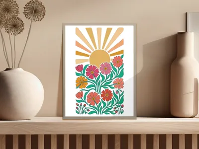 Retro floral sunburst art print with vibrant orange, pink, and green flowers.