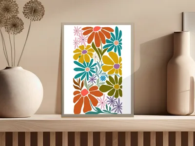 Abstract floral art print with orange, yellow, blue, and purple flowers.