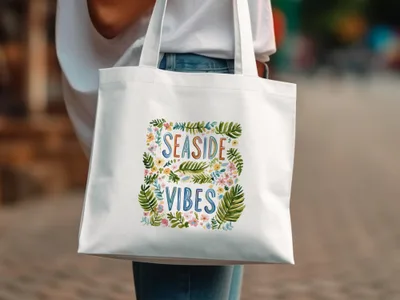 White canvas tote bag with colorful floral "Seaside Vibes" lettering.