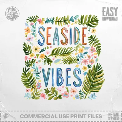 Hand-painted floral wreath with "Seaside Vibes" text.