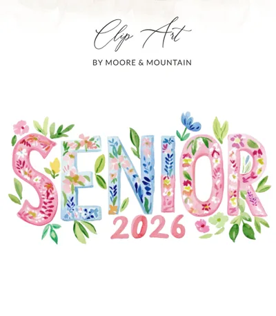 SVG Senior 2026 SVG Preppy Clip Art, Floral Graduate Digital T-Shirt Design, Watercolor Class of 2026 Graduation Gift PNG