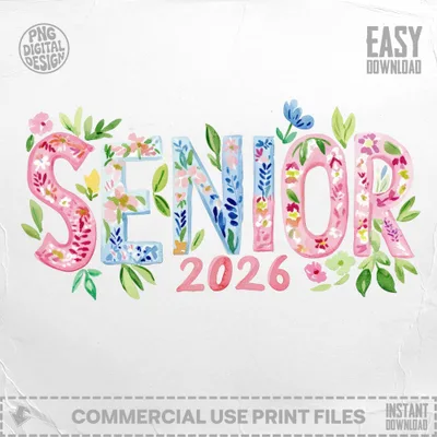 Senior 2026 watercolor lettering with floral accents.