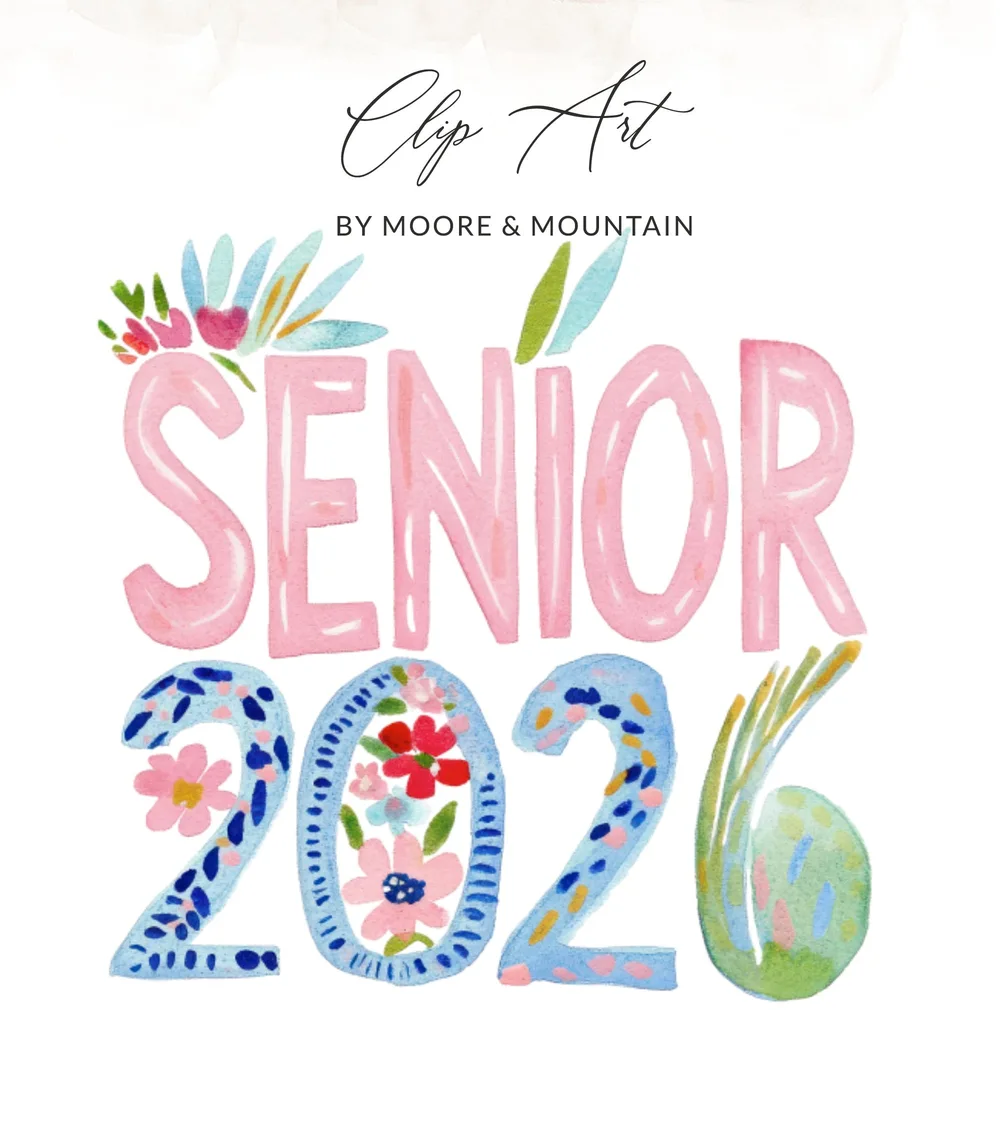 "Senior 2026" text with floral accents in watercolor.