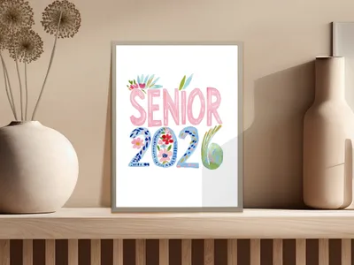 Watercolor artwork with "SENIOR 2026" text and floral accents.