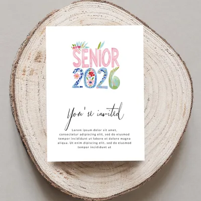 "Senior 2026" invitation with floral accents and placeholder text.