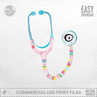 Pink and blue stethoscope with colorful stripes and target pattern on earpiece.