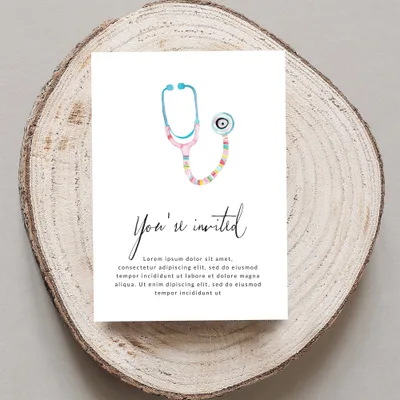 Invitation with "You're invited" and medical graphics on wood.