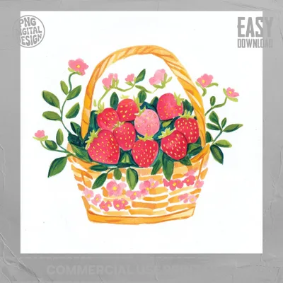 Strawberries and pink flowers overflowing a woven basket with a "EASY DOWNLOAD" watermark.