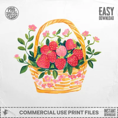 Watercolor illustration of a basket overflowing with strawberries and pink flowers.