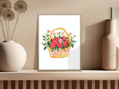 Watercolor painting of a basket overflowing with ripe strawberries and pink flowers.