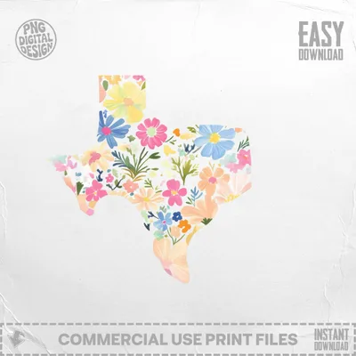 Texas map outline filled with colorful wildflowers.
