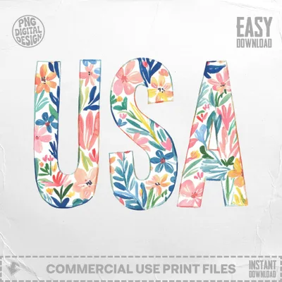 Floral watercolor "USA" lettering with "Easy Download" and "Commercial Use Print Files".