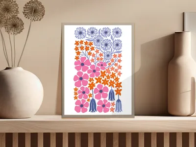 Abstract floral print with pink, orange, and blue flowers on a light background.