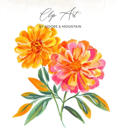 SVG Vibrant Marigold Watercolor Flowers Digital Art, Floral Bouquet Clip Art, Orange Pink Bloom Illustration, Instant Download SVG PNG