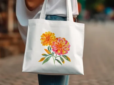 White tote bag with a vibrant watercolor floral print.