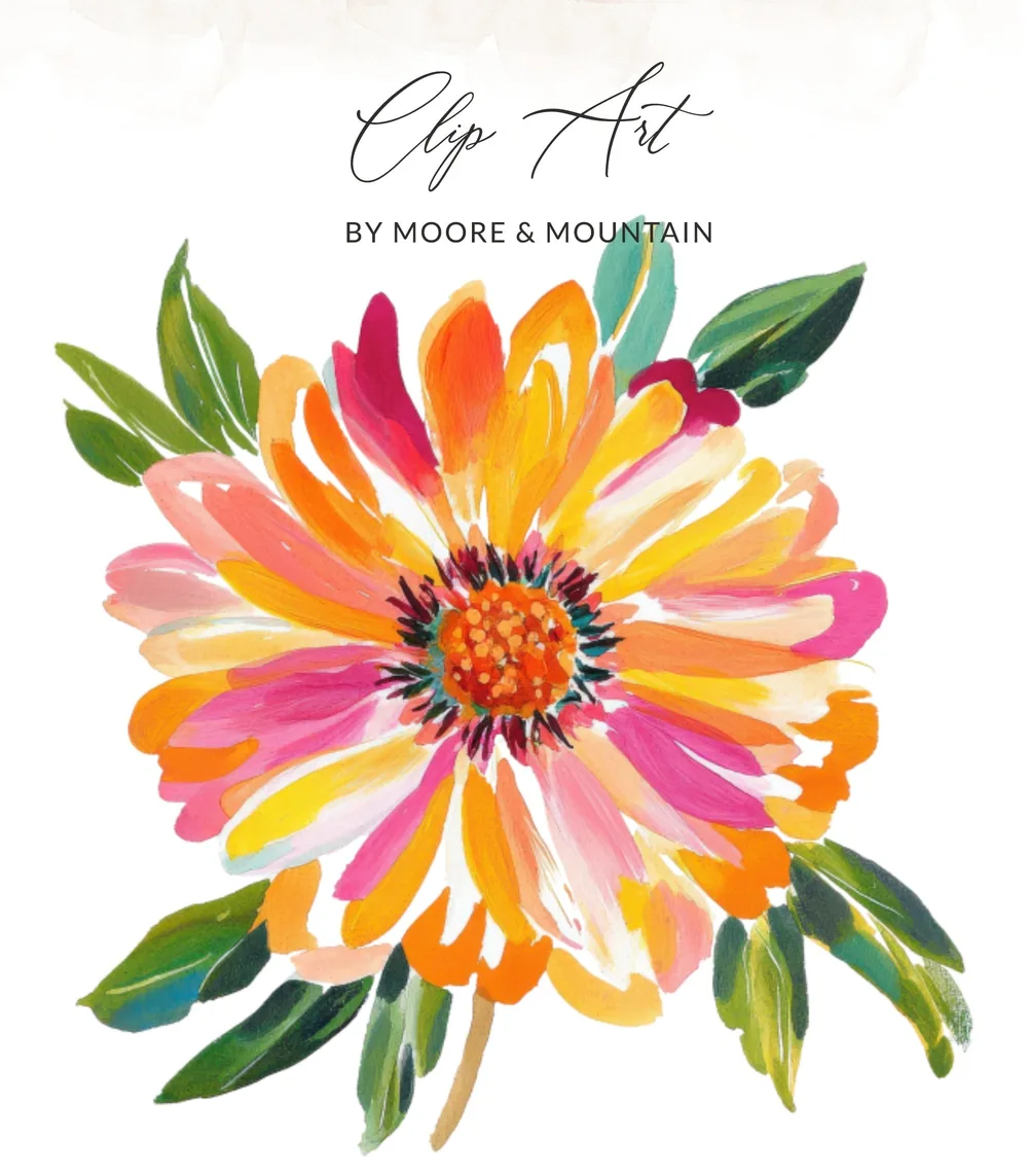 Colorful painted flower with "Clip Art" and "BY MOORE & MOUNTAIN" text.