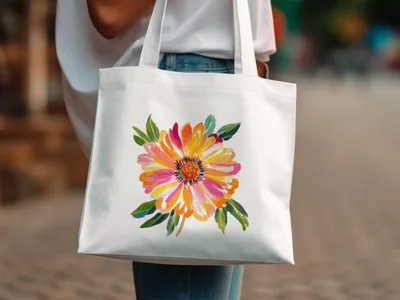 White tote bag with a vibrant, colorful watercolor floral design.