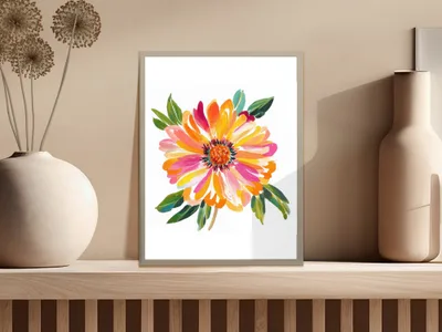 Watercolor painting of a vibrant orange and pink dahlia flower in a frame.