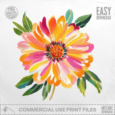 Bright, painterly dahlia flower illustration with leaves, labeled "EASY DOWNLOAD".