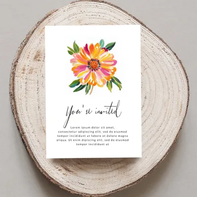 Watercolor floral card with "You're invited" and placeholder text.