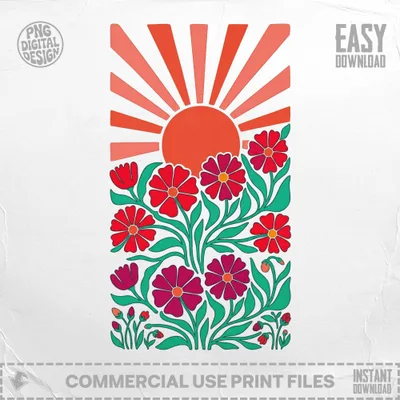 Sunrise with red and pink flowers and green leaves, "Easy Download" text.