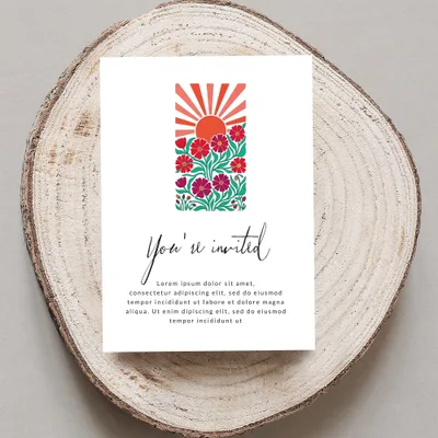 "You're invited" card with floral sunburst design and placeholder text.
