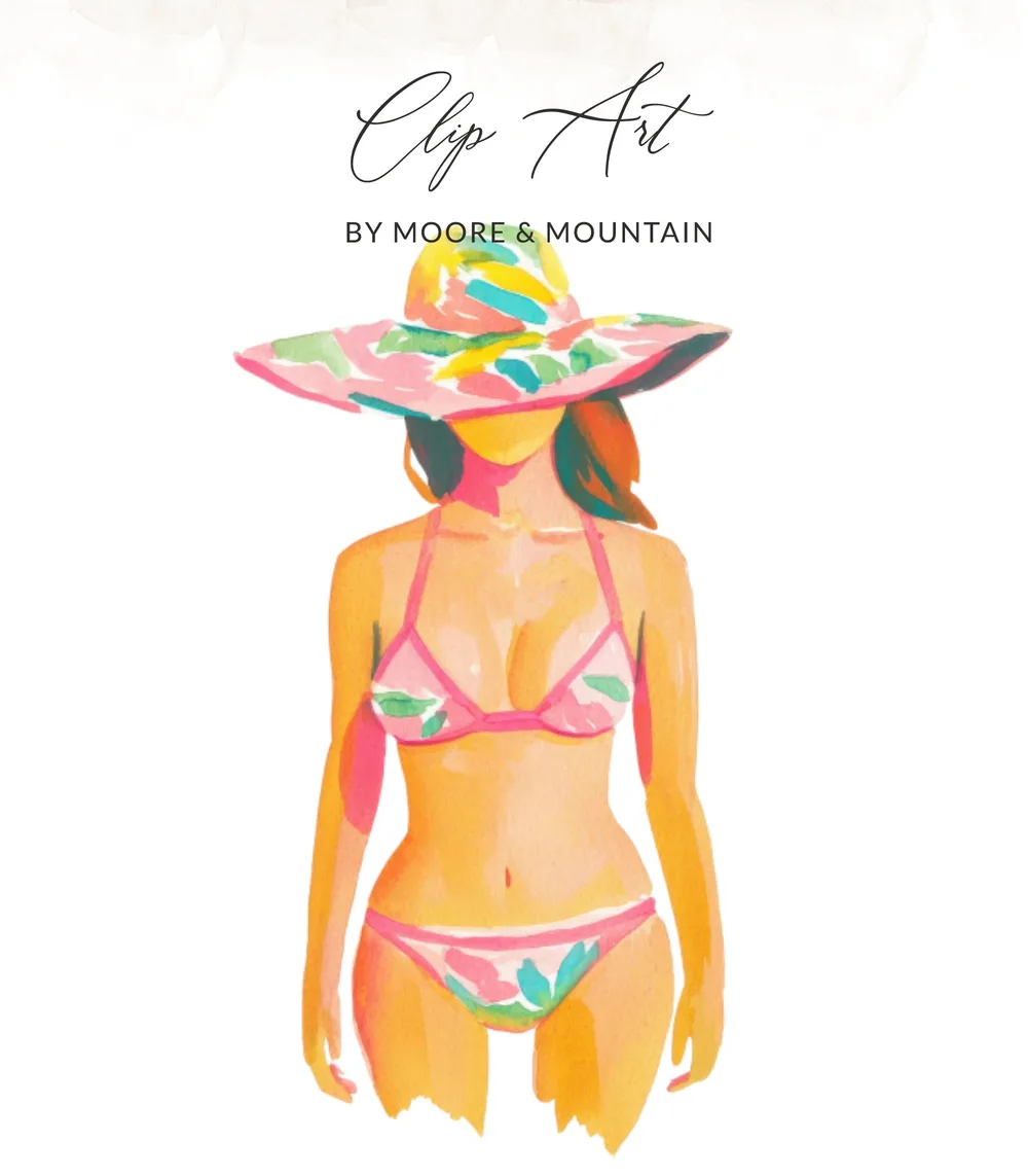 Watercolor illustration of a woman in a floral bikini and wide-brimmed hat.