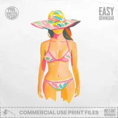 Watercolor illustration of a woman in a pink bikini and wide-brimmed hat.