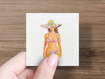 Woman in a pink bikini and wide-brimmed striped hat.