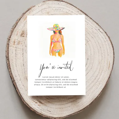 Invitation with watercolor woman in bikini and hat, "You're invited" text.