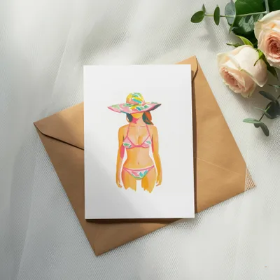 Watercolor illustration of a woman in a colorful bikini and hat.