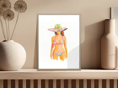 Woman in colorful striped bikini and wide-brimmed hat.