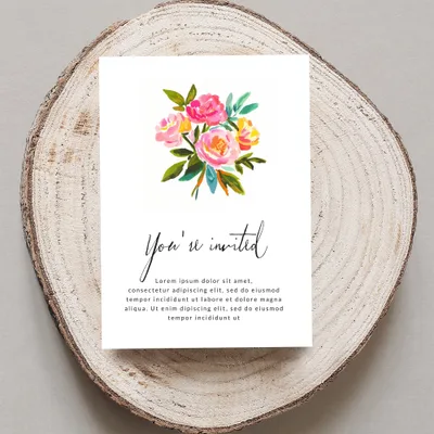 Invitation card with watercolor flowers and "You're invited" text.