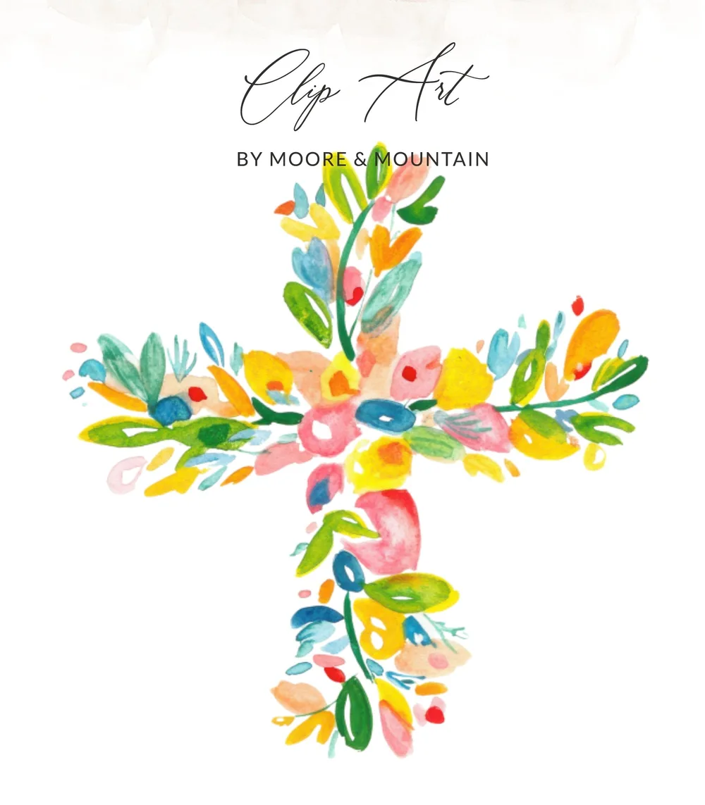 Floral cross with "Clip Art" and "BY MOORE & MOUNTAIN" text.
