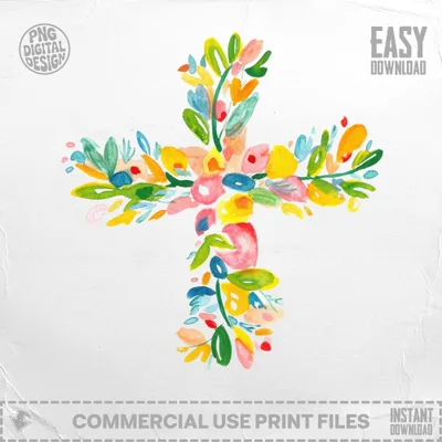 Watercolor cross with colorful floral accents and "Easy Download" text.