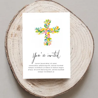 Floral cross invitation with "You're invited" text and placeholder copy.