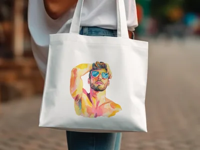White tote bag with watercolor portrait of a man wearing sunglasses.