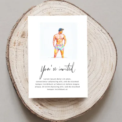 Invitation card with "You're invited" text and watercolor illustration of a man.