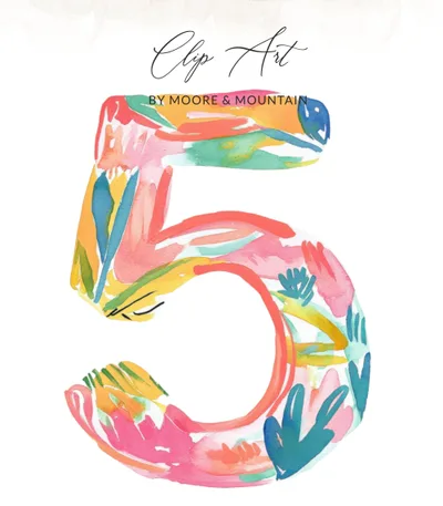 SVG Vibrant Watercolor Number 5 Digital, Preppy Floral PNG, Neon Tropical Clipart, Y2K Aesthetic Art, Hand Painted Illustration, Instant