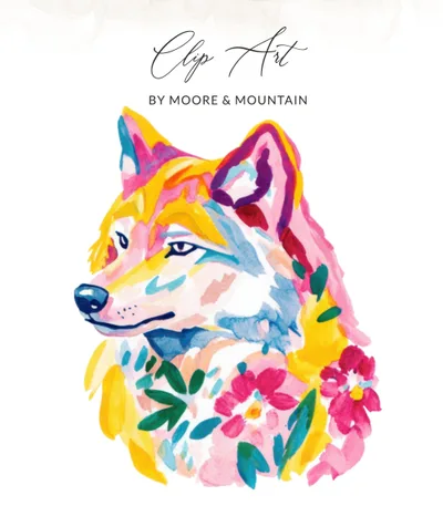 SVG Vibrant Watercolor Wolf Clipart Digital, Preppy Neon Floral PNG, Hand Painted Animal Illustration, Commercial Use SVG, Instant Download