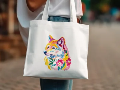 White tote bag with a colorful watercolor wolf and floral design.