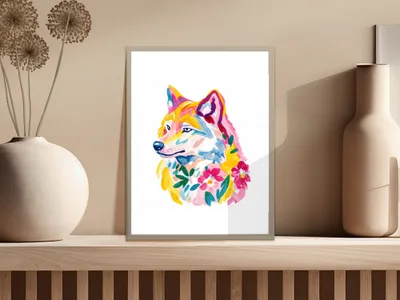 Vibrant, colorful wolf portrait with floral accents on a shelf.