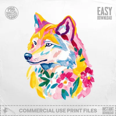 Colorful watercolor wolf illustration with flowers, "Easy Download" and "Commercial Use" text.
