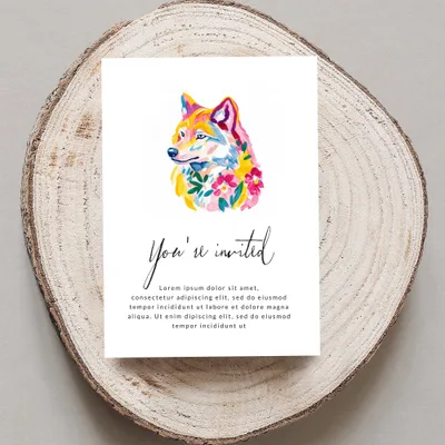 Watercolor wolf illustration with "You're invited" text on card.