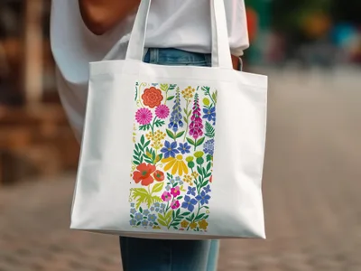 White tote bag with a vertical, colorful floral illustration.