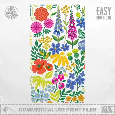 Floral pattern with red poppies, blue foxgloves, and yellow daisies.